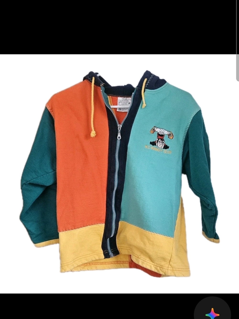 Vintage M.C. MONKEY CLUB Colorblock Zip-Up Hoodie Y2K 90s Embroidered Kids.